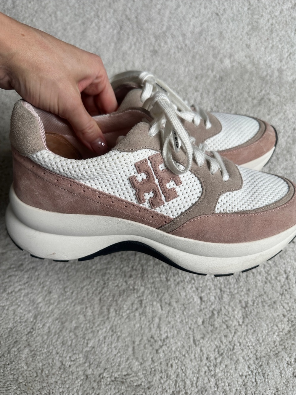 Tory Burch kick trainer - White, Blush & Taupe Mesh Suede